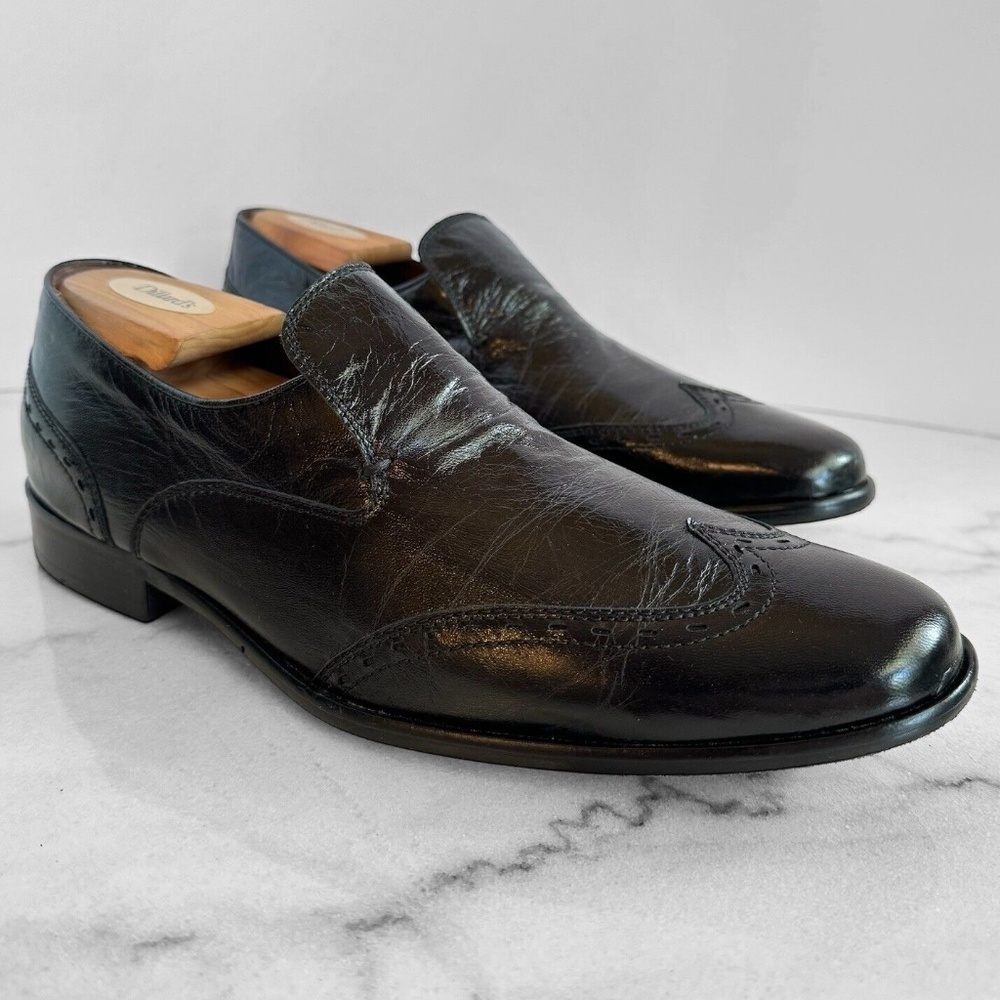 Hugo Boss Handcrafted Wingtip Stitching Loafer Black Leather Mens Shoe RARE